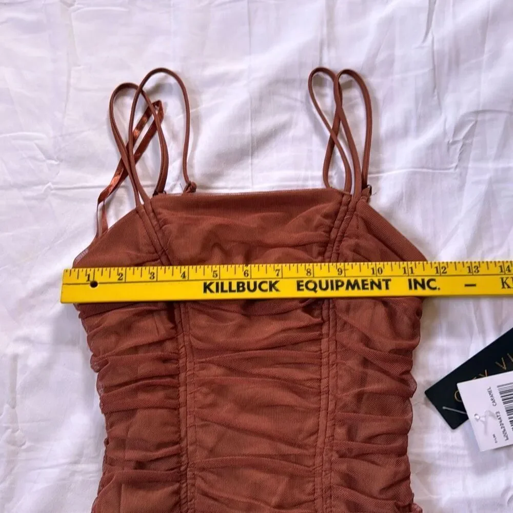NWT City Vibe Ruched bodycon dress juniors size xs caramel color sleeveless form - Picture 6 of 9